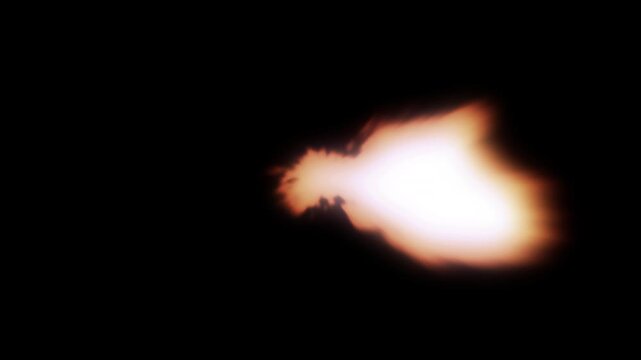 Intense muzzle flash explosion overlay: cinematic gunfire effect on black background, for action sequences, and vfx compositing