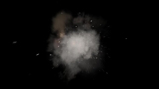 Realistic muzzle flash and gunshot explosion effect with smoke and debris overlay