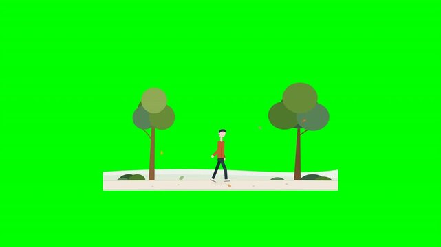 A 2D cartoon man walks peacefully between trees in a park against a solid green screen backdrop. Multiple repeating panels showing a calm routine. Perfect for mindfulness content.