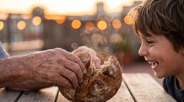 Grandfather tearing a warm round loaf of bread while an eager young boy watches laughing at a rooftop terrace table in golden light