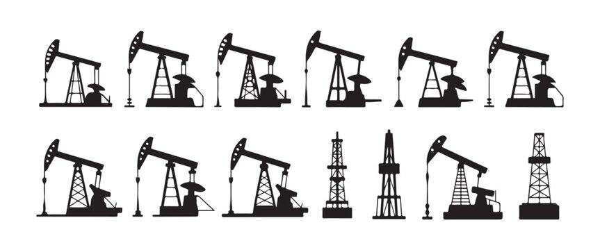 Oil pump jack and drilling rig silhouette collection for fossil fuel production and energy industrial use.