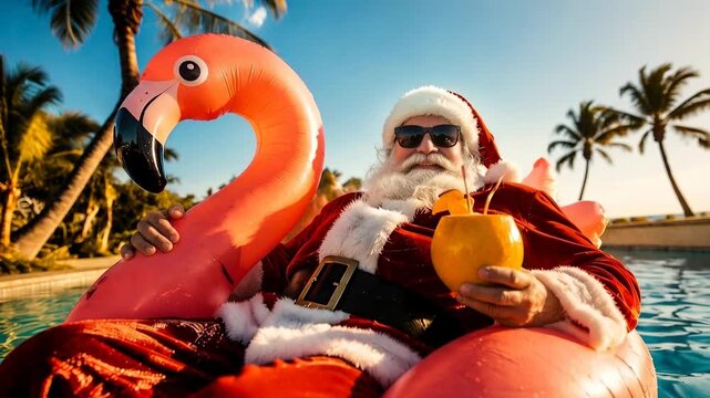 Santa Claus relaxing on a flamingo float with a drink in a tropical pool