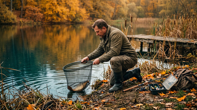 Man catching fish with a net by autumn lake shore  