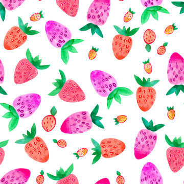 Watercolor strawberry seamless pattern on white background