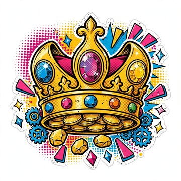 Pop-art golden crown sticker, bold neo-brutalist luxury illustration