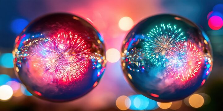 Illuminated spheres display vibrant pyrotechnic displays against a bokeh background.