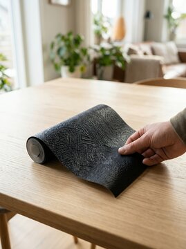 Hand unrolling a textured black placemat onto a wooden dining table in a bright home setting.