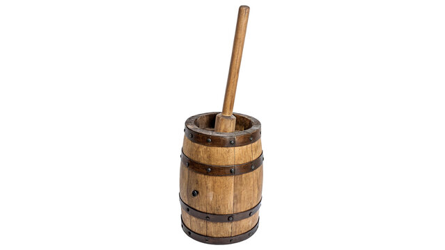 Traditional wooden butter churn with plunger stick and metallic hoops, isolated on transparent background.