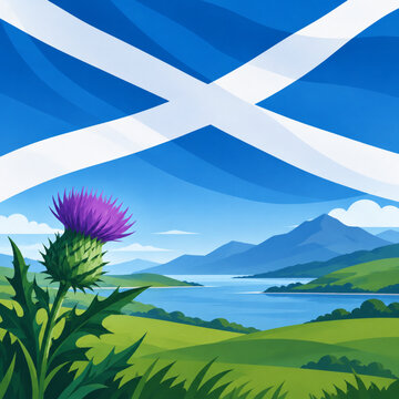 Scotland Flag with Thistle Flower and Highland Loch Landscape