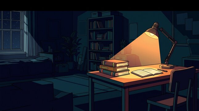 A cozy home office scene with a lit desk lamp illuminating a cluttered workspace at night