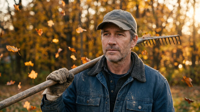 Man portrait in autumn leaves outdoors with rake and work gloves  