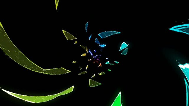黒い空間にカラフルな幾何学の破片が放射状に広がる抽象的な3Dエネルギーエフェクトループ動画