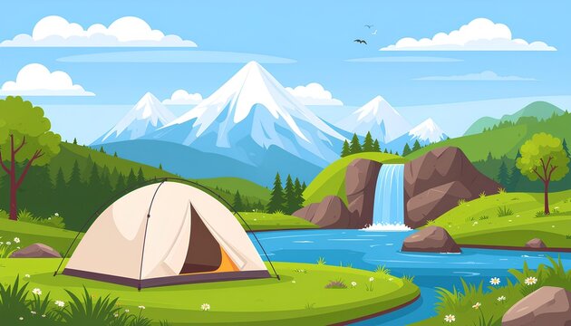 landscape cartoon vector illustration of a camping tent near river and snowy mountains