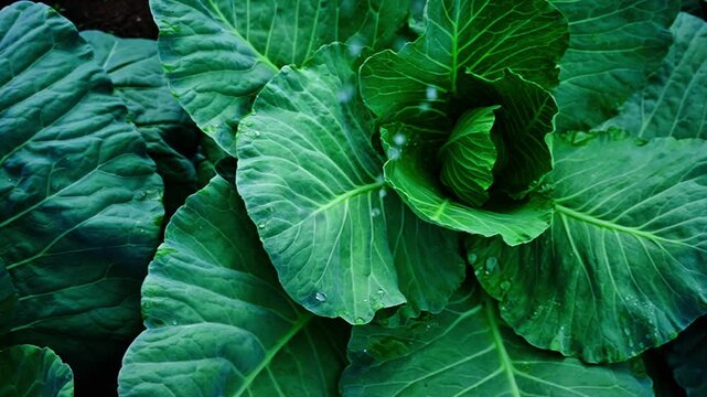 Fresh cabbage leaves glisten with dew. Vibrant green leaves show natural texture. Water droplets cling to leaf surfaces. Cabbage grows robustly in garden soil. Ideal for food, agriculture