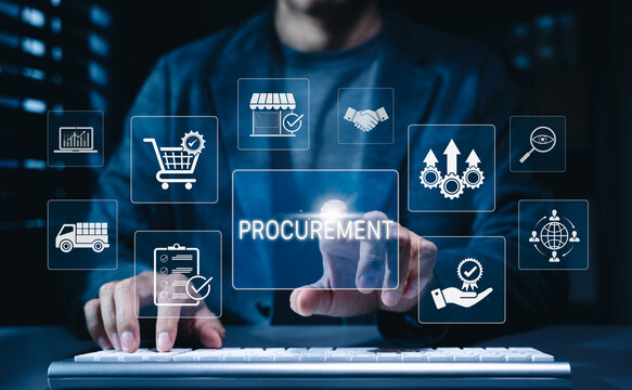 Procurement management and supply chain concept. Businessman touching interface with icons of purchasing cart, logistics delivery truck, vendor contract agreement, supplier audit, order evaluation