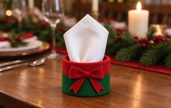 Christmas Felt Napkin Rings, Red Green Simple Bow Holiday Table