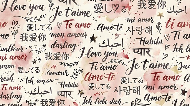 Romantic seamless textile pattern featuring romantic expressions written in various global dialects using expressive modern ink brush calligraphy seamless pattern love language ink modern brush