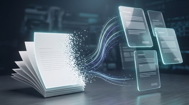 Physical paper document dissolving into digital particles and transferring into glass files in a professional server room environment 3d render