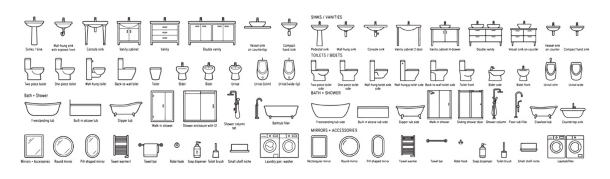 Bathroom plumbing fixtures and washroom elevation symbols set with lavatory sink toilet tub shower and mirror line art vector