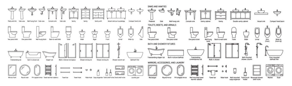 Architectural bathroom side elevation symbols collection with sanitary ware sinks vanity toilets bath and laundry vector line art