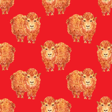 Seamless pattern with watercolor sheep on red background