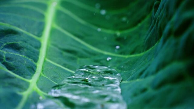 Vibrant green leaf with dewdrops gleaming. Veins ripple beneath clear liquid surface. Nature's freshness captured in serene detail. Ideal for garden, ecology, or wellness themes