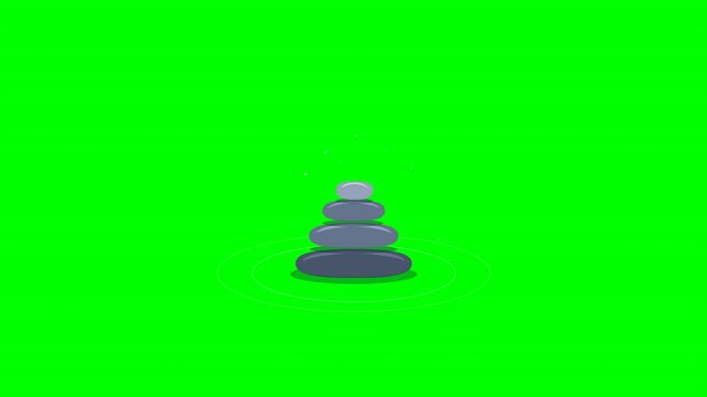 A flat illustration of balanced pebble stacks arranged in a grid over a solid bright green screen background. Ideal for mindfulness and wellness video production.