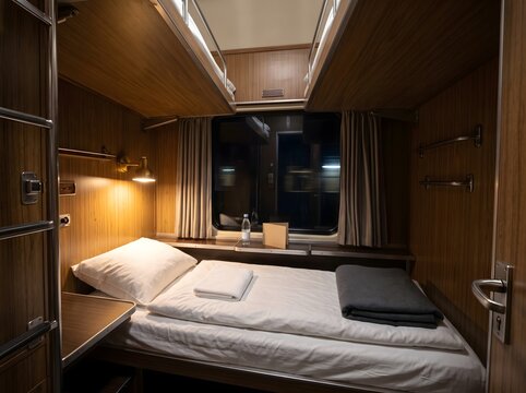 Cozy and compact sleeping compartment on a modern night train, ready for a comfortable journey.