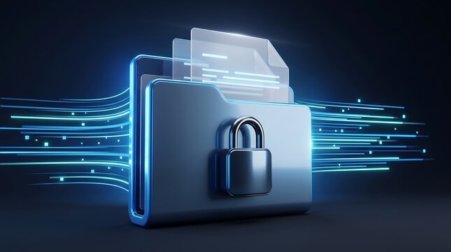 Locked digital folder with glowing blue light trails representing secure cloud storage and encrypted data transfer protocols for enterprise information management and business intelligence