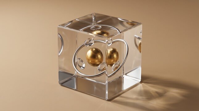 Clear glass cube containing a metallic gold sphere with orbital rings