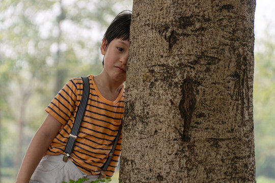 Shy young Asian boy wearing a striped shirt and suspenders, hiding and peeking from behind a large tree trunk in an outdoor park, expressing childhood emotion, playing hide and seek in nature