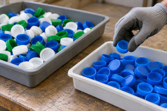 Gloved hand sorting blue bottle caps from mixed colors