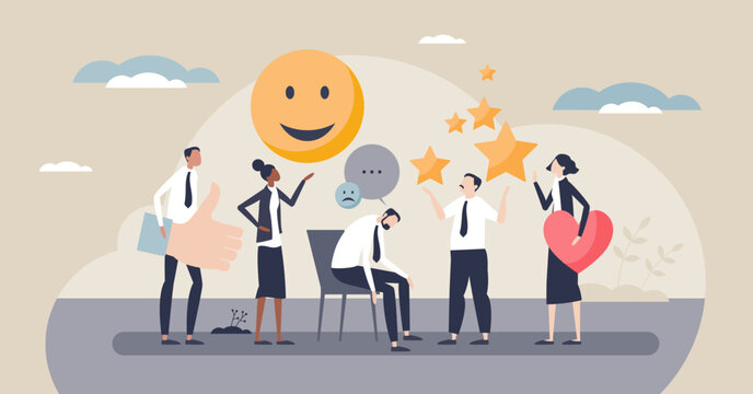 Employee experience journey shown through teamwork, a big smiley, rating stars, and a heart highlight support, feedback, and wellbeing around a tired coworker. Tiny style