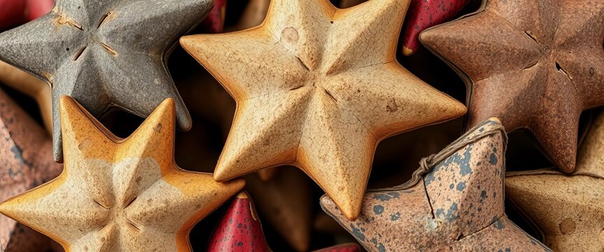 Close-up of worn, distressed star-shaped objects, grunge texture,  backdrop,  black and white