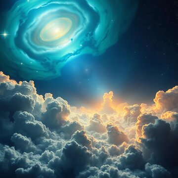 Cosmic landscape featuring swirling clouds of gas and dust, illuminated by a distant blue-green galaxy, night, nebula