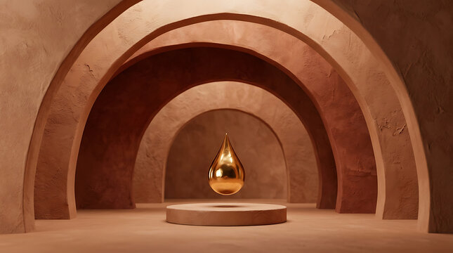 Golden droplet on podium within minimalist terracotta arches
