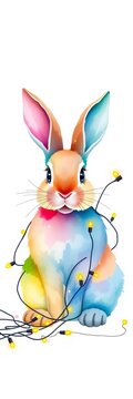 Festive watercolour bunny surrounded by tangled lights on a clean white background, LED, decoration