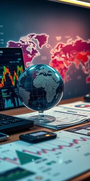 Global financial data processing on a desk with a world map background, management., chart graphs