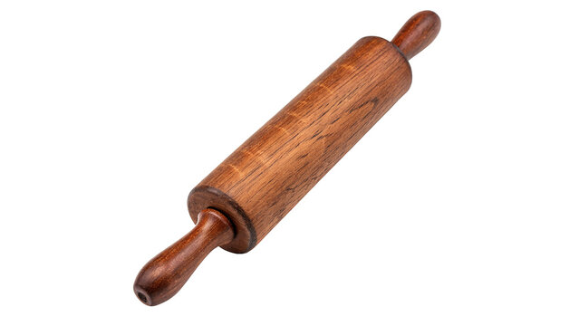 Classic wooden rolling pin tool for baking dough preparation, isolated on transparent background.