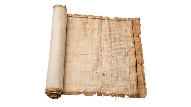 Ancient unrolled papyrus scroll with textured aged surface, isolated on transparent background.