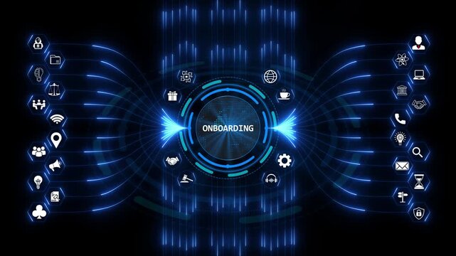 Onboarding process strategy shown with digital integration and modern user orientation for business systems in a complex enterprise workflow scheme.