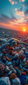 Sea turtles navigate through a field of trash and plastic waste, conservation efforts, water pollution