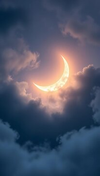 Silky crescent moon glows softly amidst wispy clouds, phases of the moon, atmospheric