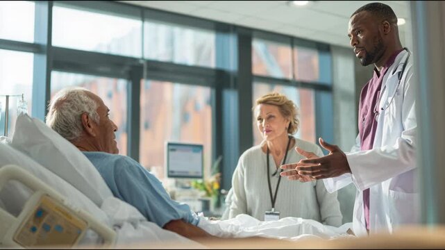 Male doctor discussing treatment with an elderly man in a hospital bed next to his supportive wife