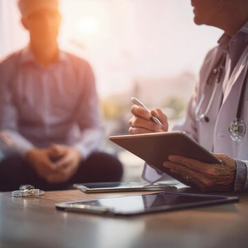 Professional physician talking to a patient and writing on a digital tablet in a medical office