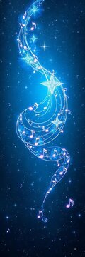 Twinkling musical notes swirl across a celestial canvas, illuminated by a million stars, vibrant music, cosmic dance