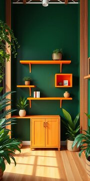 Asymmetrical orange shelves adorn dark green walls, surrounded by lush plants and wooden accents, wood furniture, natural decor