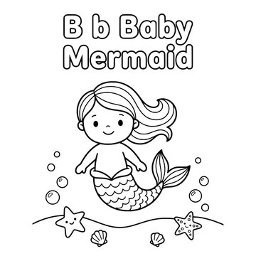 Cute Baby Mermaid Coloring Page: A charming black and white illustration of a baby mermaid with wavy hair, a shell-adorned tail, and a cheerful smile, surrounded by bubbles and starfish.