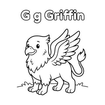Griffin Alphabet Coloring Page: A line art illustration of a friendly griffin, perfect for an alphabet coloring book. The text G g Griffin is displayed above the creature.