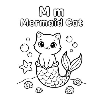 Mermaid Cat Illustration: A cute, stylized drawing of a mermaid cat sitting on a seashell, surrounded by bubbles and starfish. Perfect for children's educational materials or whimsical designs.